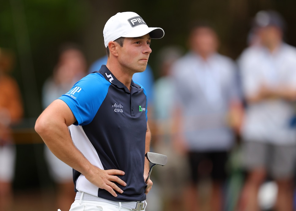 HILTON HEAD ISLAND, SOUTH CAROLINA - APRIL 13: Viktor Hovland of Norway looks on from the 11th hole during the first round of the RBC Heritage at Harbour Town Golf Links on April 13, 2023 in Hilton Head Island, South Carolina. (Photo by Kevin C. Cox/Getty Images)