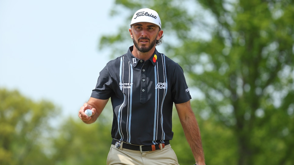 ROCHESTER, NEW YORK - MAY 19: Max Homa of the United States reacts to his putt on the fourth green during the second round of the 2023 PGA Championship at Oak Hill Country Club on May 19, 2023 in Rochester, New York. (Photo by Maddie Meyer/PGA of America via Getty Images)