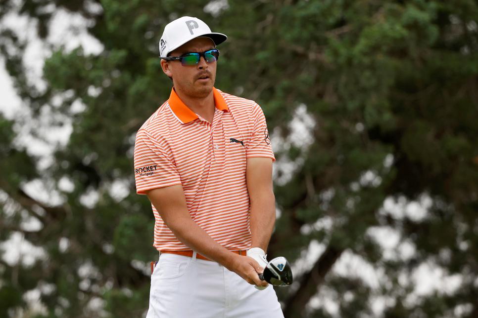 SAN ANTONIO, TEXAS - APRIL 02: Rickie Fowler of the United States lines up a shot from the 12th tee during the final round of the Valero Texas Open at TPC San Antonio on April 02, 2023 in San Antonio, Texas. (Photo by Mike Mulholland/Getty Images)