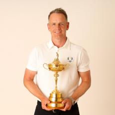 ROME, ITALY - OCTOBER 04: Luke Donald of England poses for a photograph with the Ryder Cup Trophy during the Ryder Cup 2023 Year to Go Media Event on October 04, 2022 in Rome, Italy. (Photo by Andrew Redington/Getty Images)