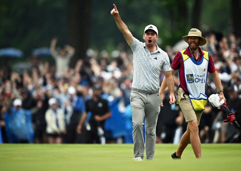 TORONTO, ONTARIO - JUNE 11:  Nick Taylor of Canada celebrates after making an eagle putt on the 4th playoff hole to win the RBC Canadian Open at Oakdale Golf & Country Club on June 11, 2023 in Toronto, Ontario. (Photo by Minas Panagiotakis/Getty Images)