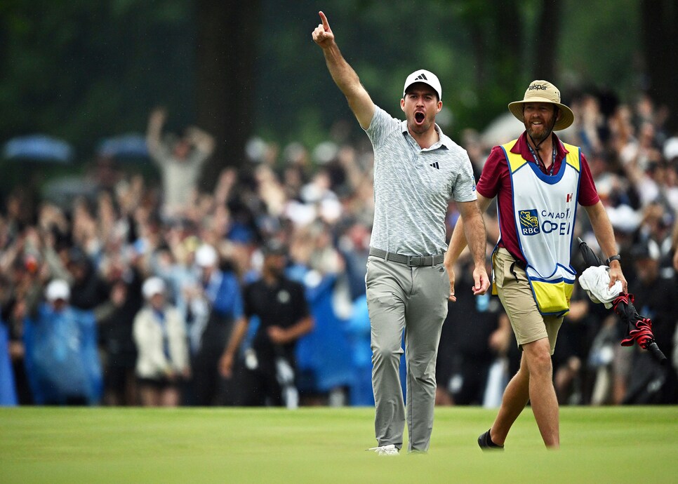 TORONTO, ONTARIO - JUNE 11:  Nick Taylor of Canada celebrates after making an eagle putt on the 4th playoff hole to win the RBC Canadian Open at Oakdale Golf & Country Club on June 11, 2023 in Toronto, Ontario. (Photo by Minas Panagiotakis/Getty Images)