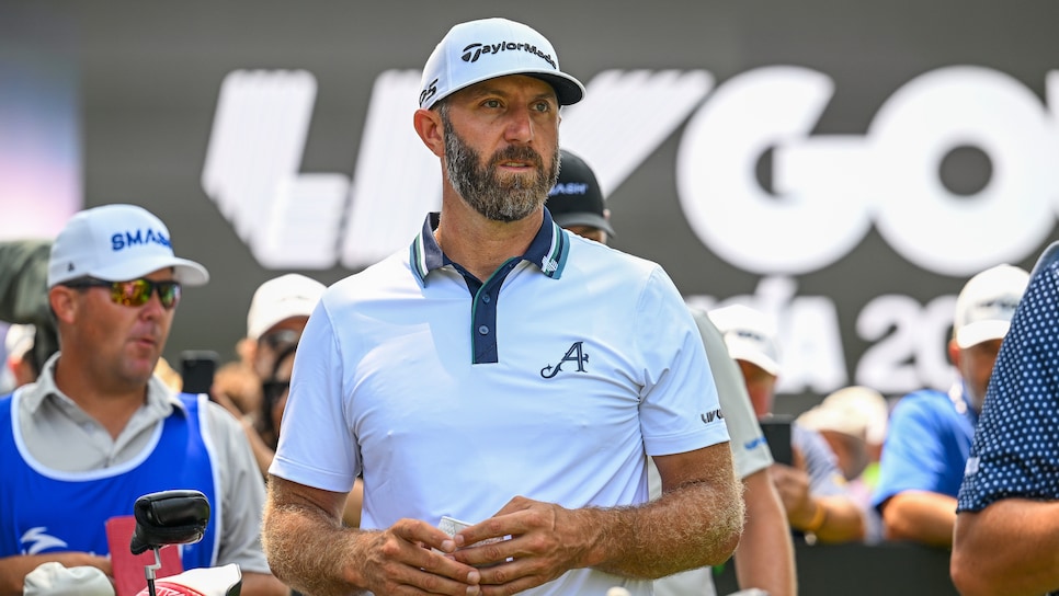 CADIZ, SPAIN - JULY 1: Dustin Johnson of 4Aces GC looks before plays his tee shot on the 1st hole during day two of LIV Golf - Andalucia at Real Club Valderrama on July 1, 2023 in Cadiz, Spain. (Photo by Octavio Passos/Getty Images)