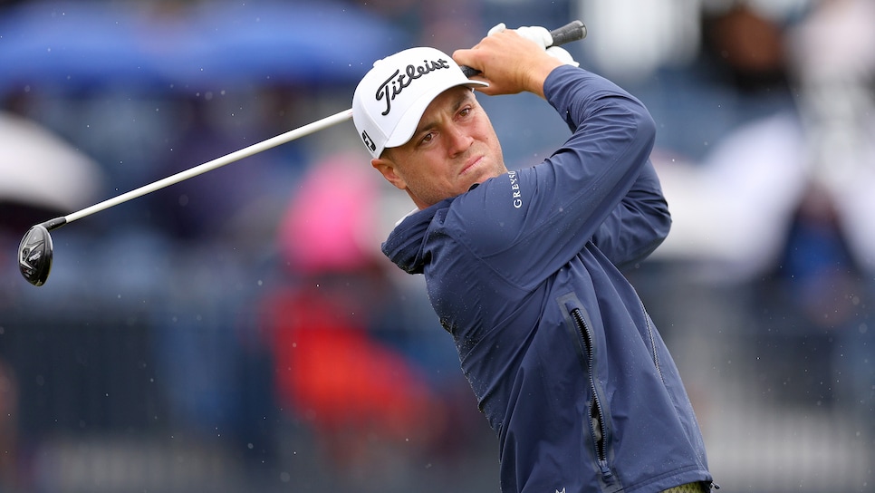 HOYLAKE, ENGLAND - JULY 18: Justin Thomas of the United States tees off on the 4th hole during a practice round prior to The 151st Open at Royal Liverpool Golf Club on July 18, 2023 in Hoylake, England. (Photo by Andrew Redington/Getty Images)