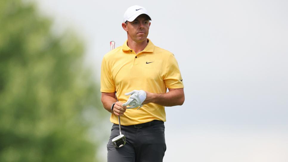 CROMWELL, CONNECTICUT - JUNE 24: Rory McIlroy of Northern Ireland looks on after hitting his second shot on the 14th hole during the third round of the Travelers Championship at TPC River Highlands on June 24, 2023 in Cromwell, Connecticut. (Photo by Stacy Revere/Getty Images)