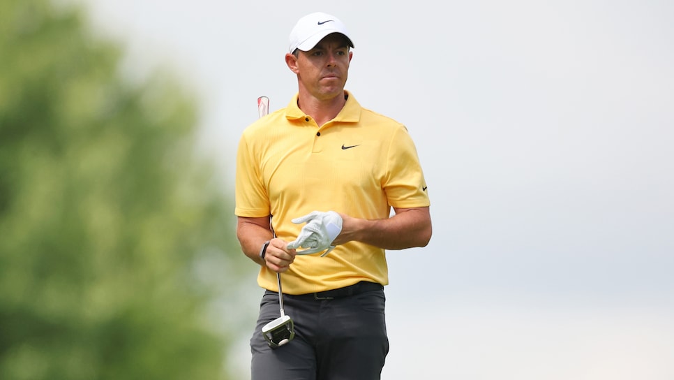 CROMWELL, CONNECTICUT - JUNE 24: Rory McIlroy of Northern Ireland looks on after hitting his second shot on the 14th hole during the third round of the Travelers Championship at TPC River Highlands on June 24, 2023 in Cromwell, Connecticut. (Photo by Stacy Revere/Getty Images)