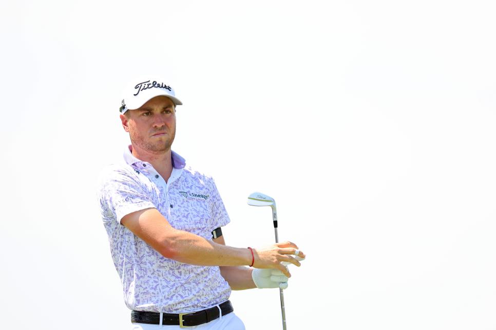 BLAINE, MINNESOTA - JULY 27: Justin Thomas of the United States watches his shot from the fourth tee during the first round of the 3M Open at TPC Twin Cities on July 27, 2023 in Blaine, Minnesota. (Photo by Stacy Revere/Getty Images)