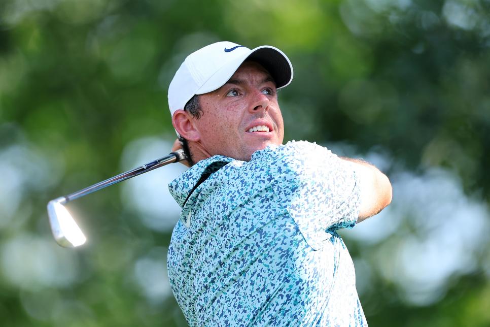 OLYMPIA FIELDS, ILLINOIS - AUGUST 20: Rory McIlroy of Northern Ireland plays his shot from the 16th tee during the final round of the BMW Championship at Olympia Fields Country Club on August 20, 2023 in Olympia Fields, Illinois. (Photo by Michael Reaves/Getty Images)