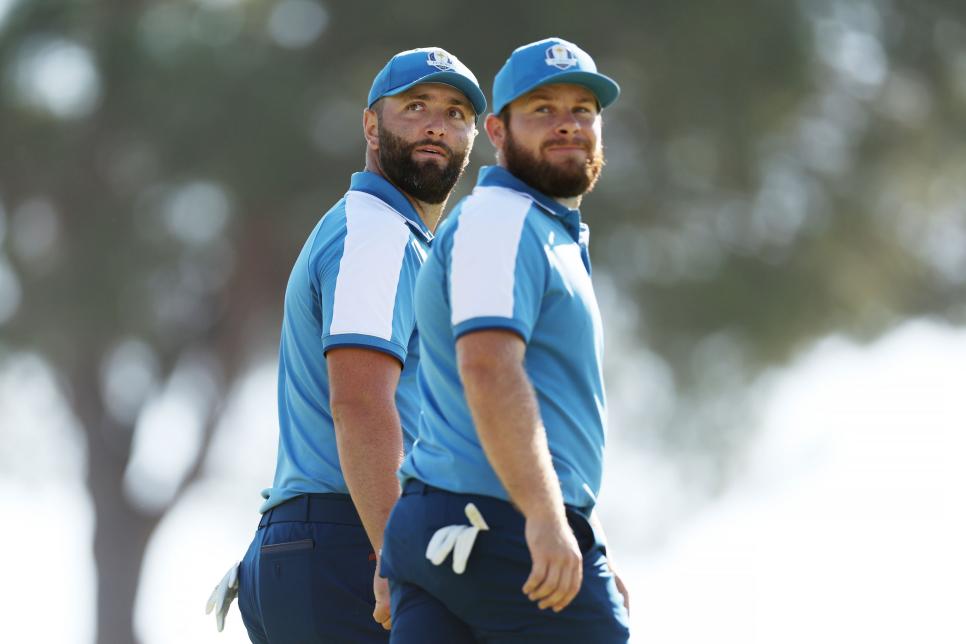 ROME, ITALY - SEPTEMBER 29: Tyrrell Hatton and Jon Rahm of Team Europe look on on the 15th green during the Friday morning foursomes matches of the 2023 Ryder Cup at Marco Simone Golf Club on September 29, 2023 in Rome, Italy. (Photo by Maddie Meyer/PGA of America/PGA of America via Getty Images)