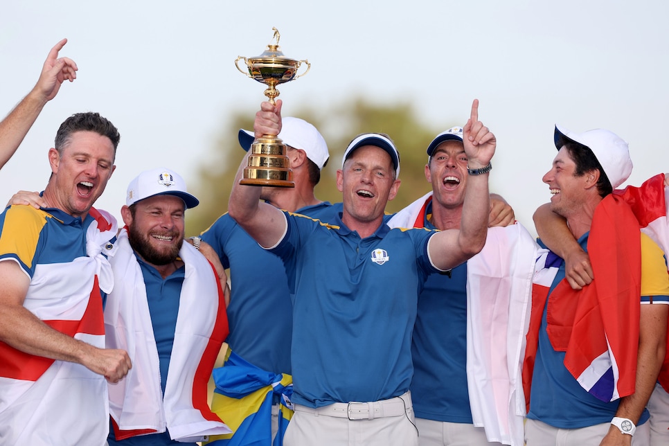 ROME, ITALY - OCTOBER 01: Luke Donald, Captain of Team Europe lifts the Ryder Cup trophy following victory with 16 and a half to 11 and a half win during the Sunday singles matches of the 2023 Ryder Cup at Marco Simone Golf Club on October 01, 2023 in Rome, Italy. (Photo by Richard Heathcote/Getty Images)