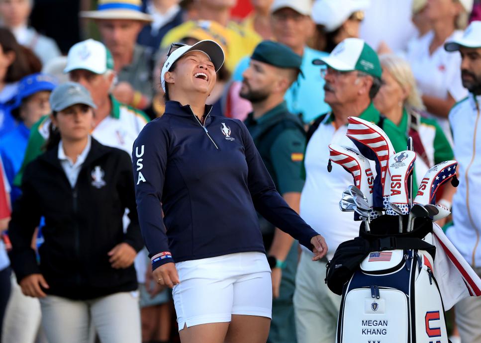 CASARES, SPAIN - SEPTEMBER 22: Megan Khang of The United States enjoys a light hearted moment on the first hole in her match with Lexi Thompson against Maja Stark and Linn Grant of The European Team during the morning foursomes matches on Day One of The Solheim Cup at Finca Cortesin Golf Club on September 22, 2023 in Casares, Spain. (Photo by David Cannon/Getty Images)