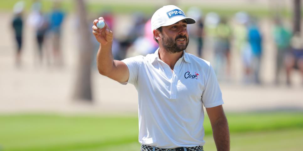 PUERTO VALLARTA, MEXICO - MAY 01: Stephan Jaeger of United States reacts after putting on the 18th hole during the final round of the Mexico Open at Vidanta on May 01, 2022 in Puerto Vallarta, Jalisco. (Photo by Hector Vivas/Getty Images)