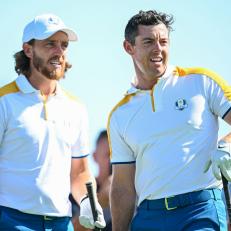Rome , Italy - 26 September 2023; Rory McIlroy, right, and Tommy Fleetwood of Europe on the 18th tee box during a practice round before the 2023 Ryder Cup at Marco Simone Golf and Country Club in Rome, Italy. (Photo By Ramsey Cardy/Sportsfile via Getty Images)