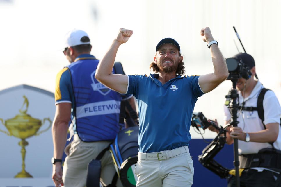 ROME, ITALY - OCTOBER 01: Tommy Fleetwood of Team Europe celebrates after playing from the 17th tee during the Sunday singles matches of the 2023 Ryder Cup at Marco Simone Golf Club on October 01, 2023 in Rome, Italy. (Photo by Andrew Redington/Getty Images)