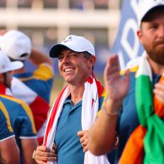ROME, ITALY - OCTOBER 01: Rory McIlroy of Team Europe smiles and celebrates with his team after Team Europe wins The Ryder Cup at Marco Simone Golf & Country Club on Sunday, October 1, 2023 in Rome, Italy. (Photo by Scott Taetsch/PGA of America via Getty Images)