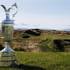 TROON, SCOTLAND - FEBRUARY 26: The Claret Jug is displayed during previews for The 152nd Open Championship at Royal Troon Golf Club on February 26, 2024 in Troon, Scotland.  (Photo by Ross Parker/R&A/R&A via Getty Images)
