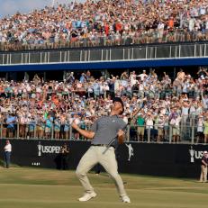 PINEHURST, NORTH CAROLINA - JUNE 16: Bryson DeChambeau of The United States celebrates his winning putt on the 18th green during the final round of the 2024 U.S. Open Championship on the No.2 Course at The Pinehurst Resort on June 16, 2024 in Pinehurst, North Carolina. (Photo by David Cannon/Getty Images)