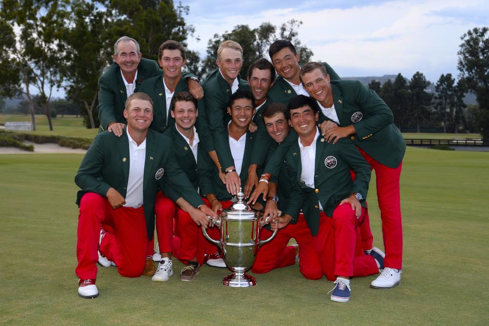 LOS ANGELES, CA - SEPTEMBER 10:  (Top L-R) Team USA captain John "Spider" Miller, Maverick McNealy, Will Zalatoris, Stewart Hagestad, Norman Xiong, Cameron Champ, (Bottom L-R) Braden Thornberry, Doc Redman, Collin Morikawa, Scottie Scheffler, and Doug Ghim pose with the Walker Cup Trophy after defeating the Great Britain and Ireland Team 19-7 at the 2017 Walker Cup on September 10, 2017 at the Los Angeles Country Club in Los Angeles, California. (Photo by Robert Laberge/Getty Images)