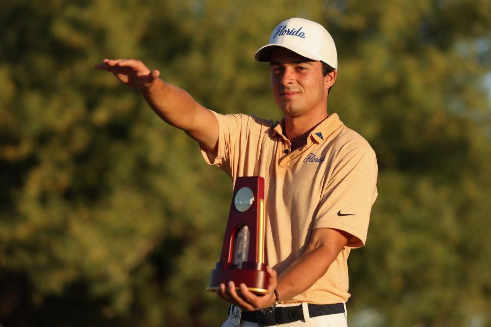 SCOTTSDALE, ARIZONA - MAY 29:  Fred Biondi of the Florida Gators poses with the trophy after winning the NCAA Men's Golf Division I Championships at Grayhawk Golf Club at Grayhawk Golf Club on May 29, 2023 in Scottsdale, Arizona. (Photo by Christian Petersen/Getty Images)