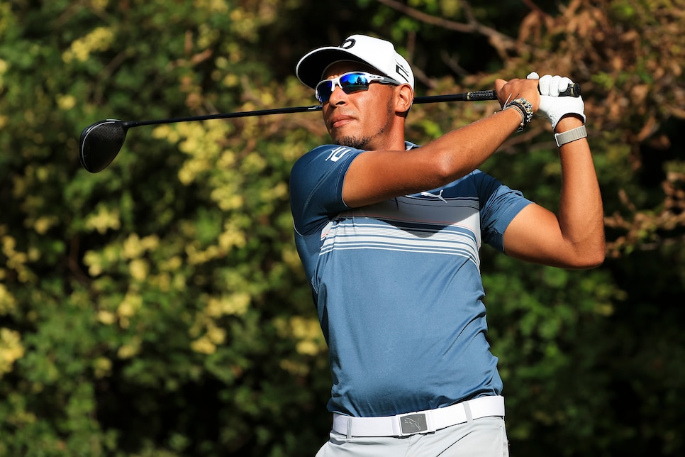 SANTIAGO, CHILE - APRIL 01: Chase Johnson of the United States plays his tee shot on the 3rd hole during the third round of the Astara Chile Classic at Prince of Wales Country Club on April 01, 2023 in Santiago, Region Metropolitana de Santiago. (Photo by Buda Mendes/Getty Images)