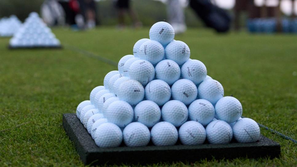 ALCUDIA, SPAIN - NOVEMBER 02: Golf balls in a pyramid are pictured on Day One of the Rolex Challenge Tour Grand Final supported by the R&A 2023 at Club de Golf Alcanada on November 02, 2023 in Alcudia, Spain. (Photo by Angel Martinez/Getty Images)
