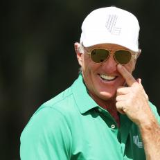 DORAL, FLORIDA - OCTOBER 20: LIV Golf CEO, Greg Norman looks on from the range during Day One of the LIV Golf Invitational - Miami at Trump National Doral Miami on October 20, 2023 in Doral, Florida. (Photo by Cliff Hawkins/Getty Images)