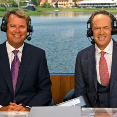 PONTE VEDRA BEACH, FLORIDA - MARCH 11: Paul Azinger and Dan Hicks pose for a photo during the NBC Golf Channel Broadcast during the third round of THE PLAYERS Championship at Stadium Course at TPC Sawgrass on March 11, 2023 in Ponte Vedra Beach, Florida. (Photo by Ben Jared/PGA TOUR via Getty Images)