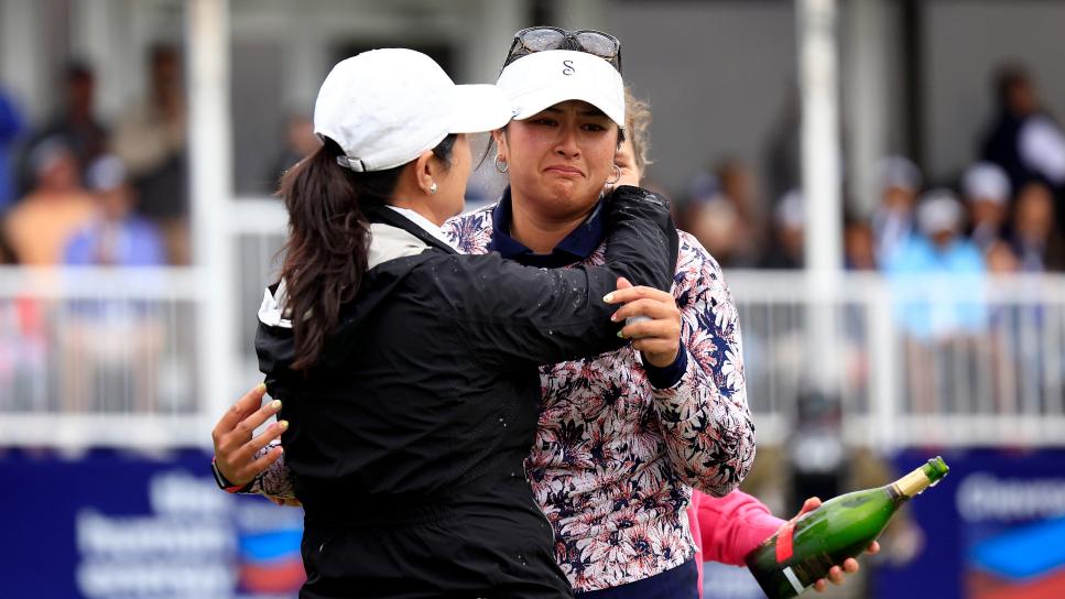 THE WOODLANDS, TEXAS - APRIL 23: Lilia Vu (R) of the United States celebrates winning on the number 18 first-playoff hole against Angel Yin (not pictured) of the United States during the final round of The Chevron Championship at The Club at Carlton Woods on April 23, 2023 in The Woodlands, Texas. (Photo by Carmen Mandato/Getty Images)