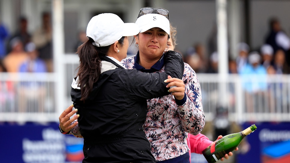 THE WOODLANDS, TEXAS - APRIL 23: Lilia Vu (R) of the United States celebrates winning on the number 18 first-playoff hole against Angel Yin (not pictured) of the United States during the final round of The Chevron Championship at The Club at Carlton Woods on April 23, 2023 in The Woodlands, Texas. (Photo by Carmen Mandato/Getty Images)