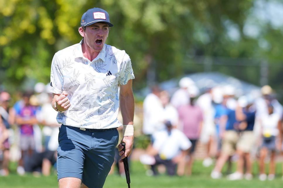 CHERRY HILLS VILLAGE, COLORADO - AUGUST 20: Nick Dunlap of the United States reacts to a putt on the ninth green during the 123rd U.S. Amateur Championship Final at Cherry Hills Country Club on August 20, 2023 in Cherry Hills Village, Colorado. (Photo by Andrew Wevers/Getty Images)