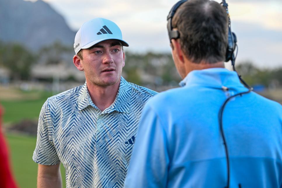 LA QUINTA, CA - JANUARY 21: Nick Dunlap (a) (USA) is interviewed near the green on 18 after winning The American Express tournament at PGA West, Dye Stadium Course on January 21, 2024 in La Quinta, California. (Photo by Ken Murray/Icon Sportswire via Getty Images)