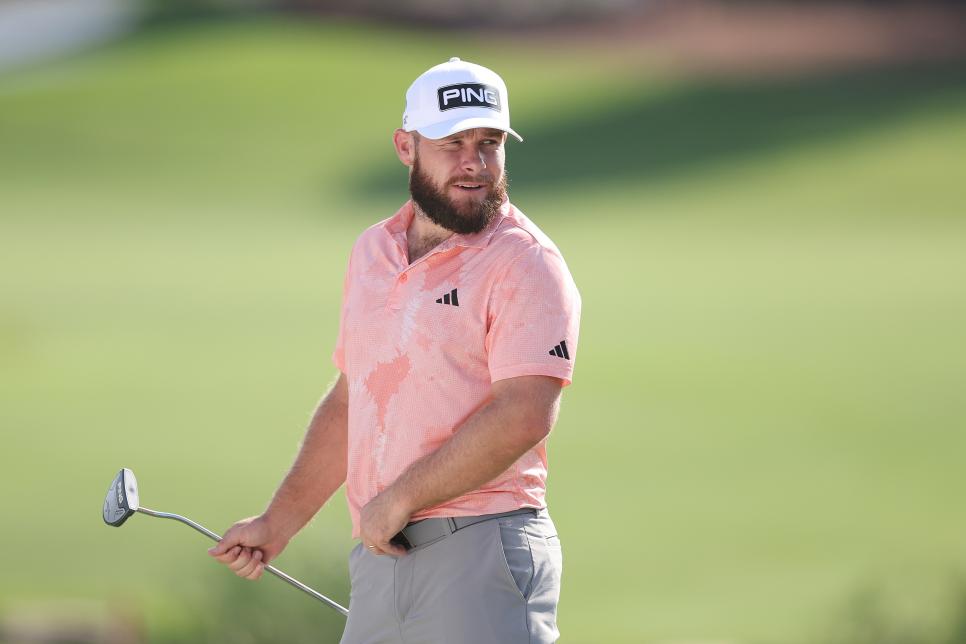DUBAI, UNITED ARAB EMIRATES - NOVEMBER 14: Tyrrell Hatton of England looks on during the Pro-Am prior to the DP World Tour Championship on the Earth Course at Jumeirah Golf Estates on November 14, 2023 in Dubai, United Arab Emirates. (Photo by Oisin Keniry/Getty Images)