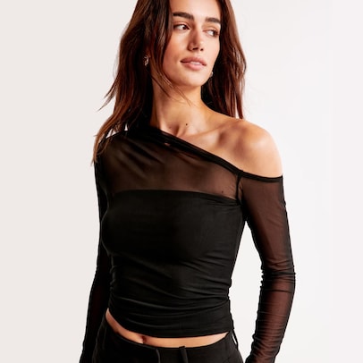 Abercrombie Women’s Long-Sleeve Mesh Ruched Asymmetrical Top