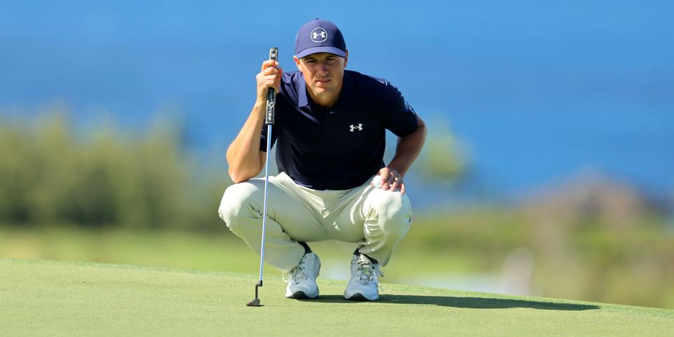 KAPALUA, HAWAII - JANUARY 06: Jordan Spieth of the United States lines up a putt on the tenth green during the third round of The Sentry at Plantation Course at Kapalua Golf Club on January 06, 2024 in Kapalua, Hawaii. (Photo by Michael Reaves/Getty Images)