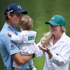 AUGUSTA, GEORGIA - APRIL 10: Adam Schenk with his wife, Kourtney and baby boy, during the Par-3 Contest, prior to Masters Tournament at Augusta National Golf Club on April 10, 2024 in Augusta, Georgia. (Photo by Ben Jared/PGA TOUR via Getty Images)