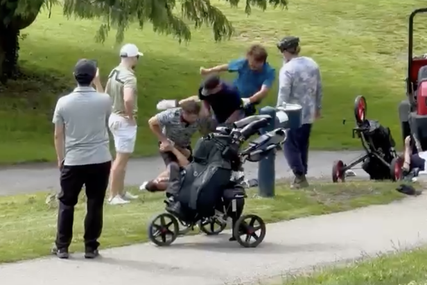 Paramedics called after a wild golf course brawl that included a flying kick to the head