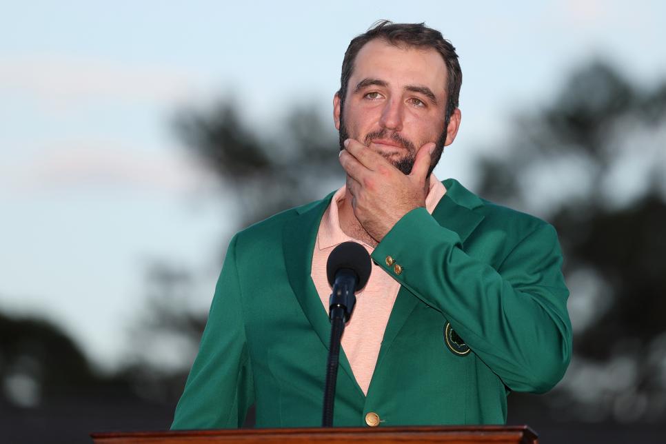 AUGUSTA, GEORGIA - APRIL 14: Scottie Scheffler of the United States speaks to the crowd during the Green Jacket Ceremony after winning the 2024 Masters Tournament at Augusta National Golf Club on April 14, 2024 in Augusta, Georgia. (Photo by Warren Little/Getty Images)