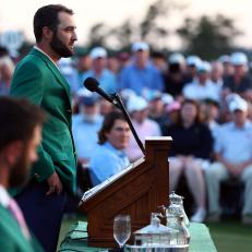AUGUSTA, GEORGIA - APRIL 14: Scottie Scheffler of the United States speaks to the crowd during the Green Jacket Ceremony after winning the 2024 Masters Tournament at Augusta National Golf Club on April 14, 2024 in Augusta, Georgia. (Photo by Maddie Meyer/Getty Images)