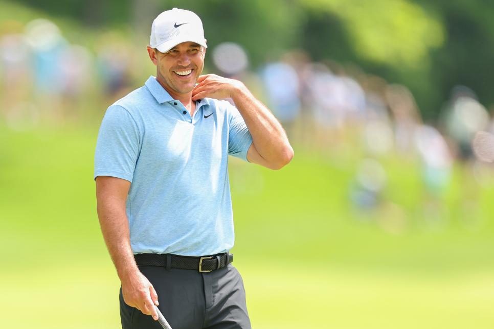 LOUISVILLE, KENTUCKY - MAY 13: Brooks Koepka of the United States smiles on the second green during a practice round prior to the 2024 PGA Championship at Valhalla Golf Club on May 13, 2024 in Louisville, Kentucky. (Photo by Michael Reaves/Getty Images)