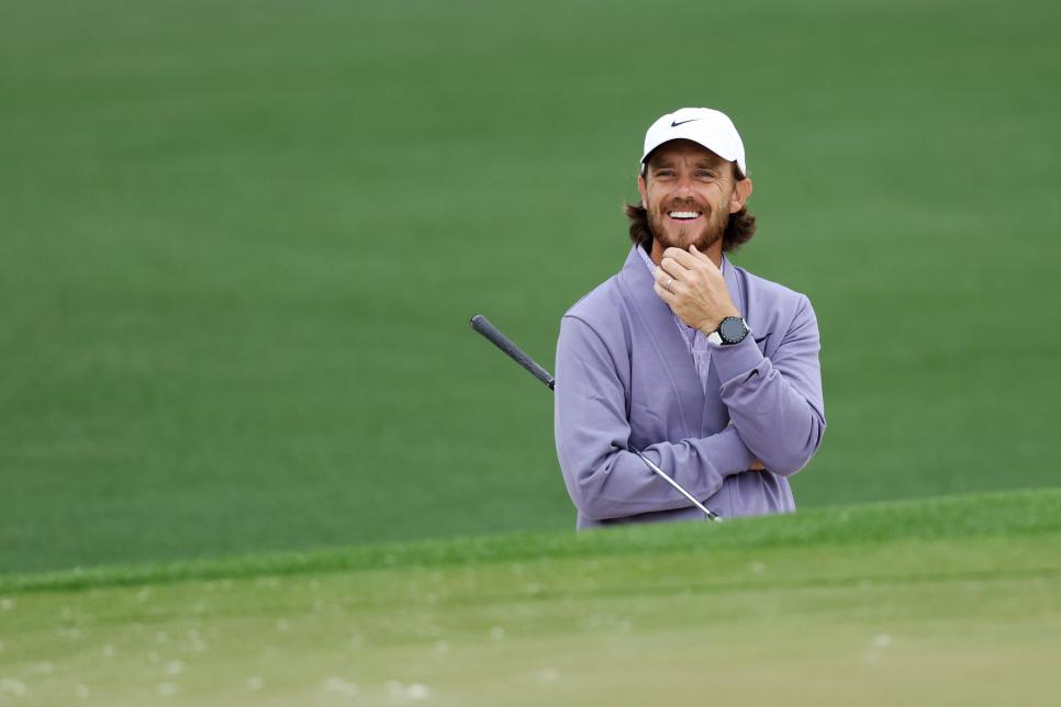 AUGUSTA, GEORGIA - APRIL 09: Tommy Fleetwood of England smiles on the second hole during a practice round prior to the 2024 Masters Tournament at Augusta National Golf Club on April 09, 2024 in Augusta, Georgia. (Photo by Warren Little/Getty Images)