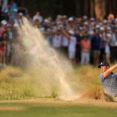 PINEHURST, NORTH CAROLINA - JUNE 16: Bryson DeChambeau of the United States hits out of a greenside bunker on the 18th hole during the final round of the 124th U.S. Open at Pinehurst Resort on June 16, 2024 in Pinehurst, North Carolina. (Photo by Sean M. Haffey/Getty Images)