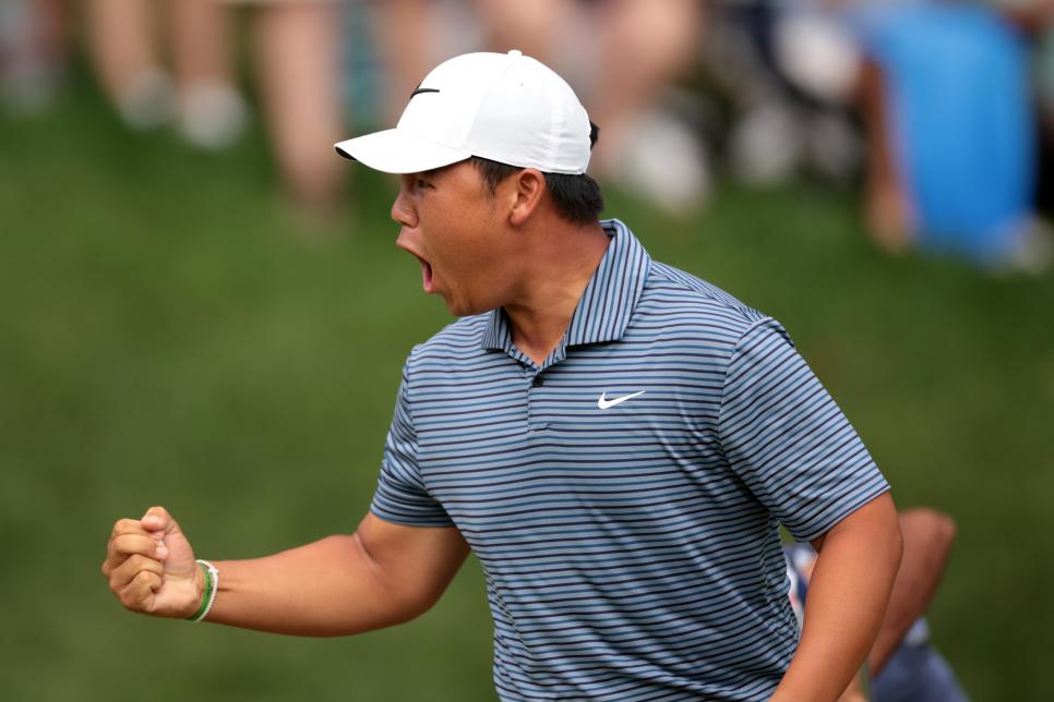 CROMWELL, CONNECTICUT - JUNE 23: Tom Kim of South Korea reacts to his putt on the 18th green to force a playoff during the final round of the Travelers Championship at TPC River Highlands on June 23, 2024 in Cromwell, Connecticut. (Photo by James Gilbert/Getty Images)