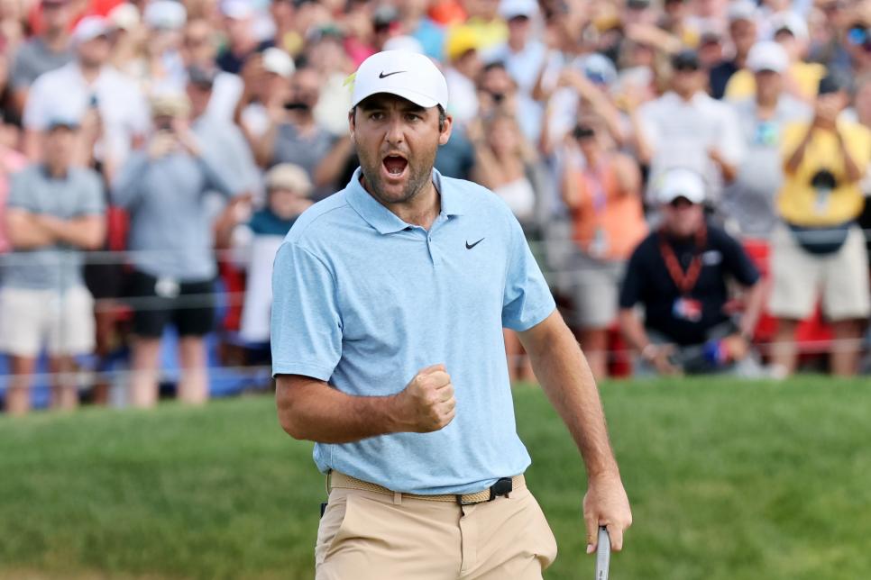 DUBLIN, OHIO - JUNE 09: Scottie Scheffler of the United States celebrates after making par on the 18th green to win the Memorial Tournament presented by Workday at Muirfield Village Golf Club on June 09, 2024 in Dublin, Ohio. (Photo by Andy Lyons/Getty Images)