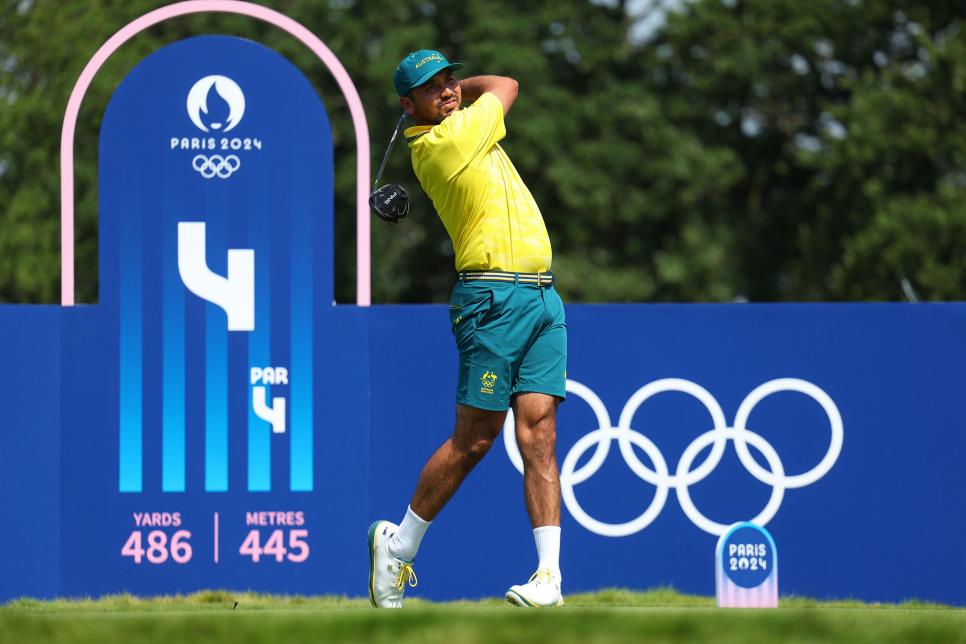 PARIS, FRANCE - JULY 30: Jason Day of Team Australia tees off on the fourth hole during a practice round ahead of the Men's Individual Stroke Play on day four of the Olympic Games Paris 2024 at Le Golf National on July 30, 2024 in Paris, France. (Photo by Andrew Redington/Getty Images)