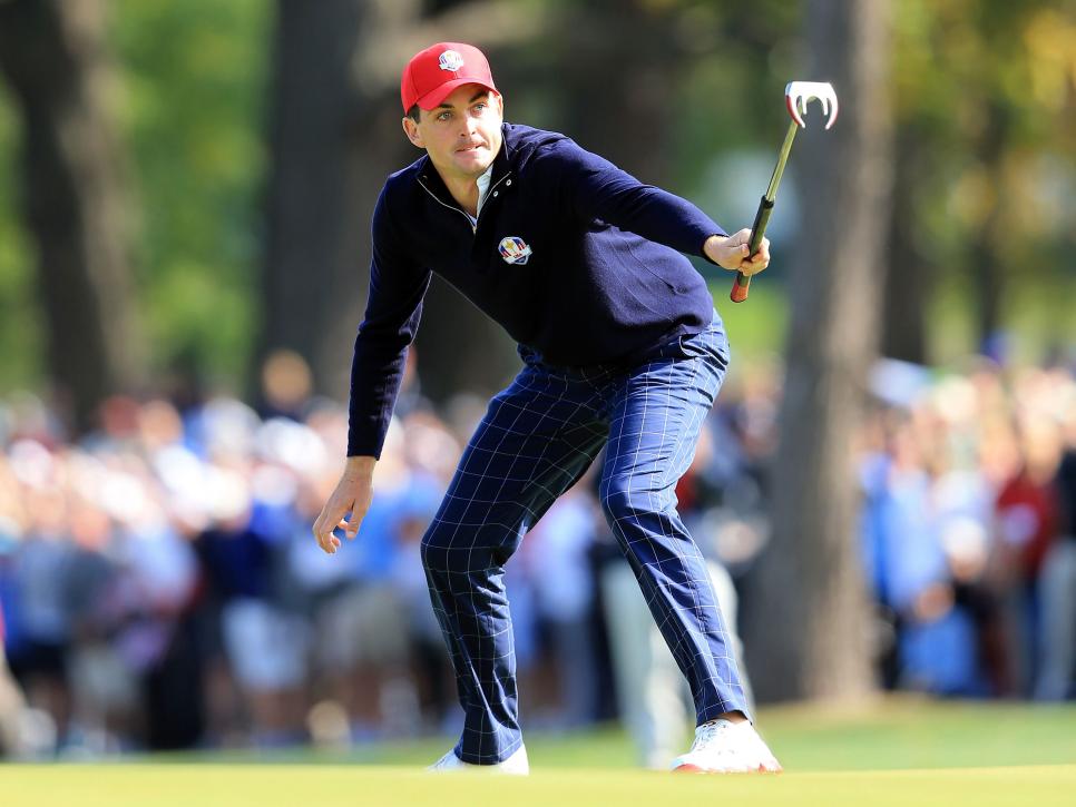 MEDINAH, IL - SEPTEMBER 28:  Keegan Bradley celebrates on the 15th green after he made birdie to defeat the team of Donald/Garcia 4&3 during the Morning Foursome Matches for The 39th Ryder Cup at Medinah Country Club on September 28, 2012 in Medinah, Illinois.  (Photo by David Cannon/Getty Images)