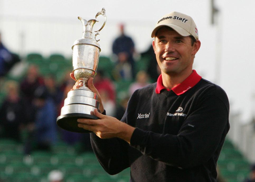 Carnoustie, UNITED KINGDOM: Irish Padraig Harrington holds the trophy after winning the 136th British Open Golf Championship at Carnoustie, Scotland, 22 July 2007. AFP PHOTO/Paul ELLIS (Photo credit should read PAUL ELLIS/AFP via Getty Images)