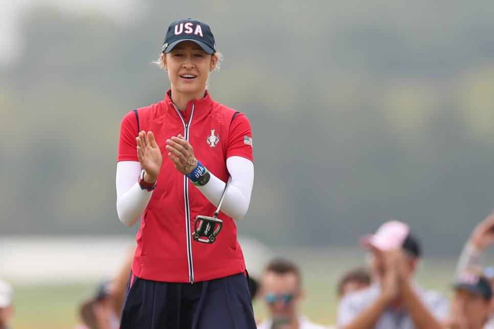 GAINESVILLE, VIRGINIA - SEPTEMBER 13: Nelly Korda of Team United States reacts on the 16th green during the Friday Foursomes matches against Team Europe during the first round of the Solheim Cup 2024 at Robert Trent Jones Golf Club on September 13, 2024 in Gainesville, Virginia. (Photo by Gregory Shamus/Getty Images)