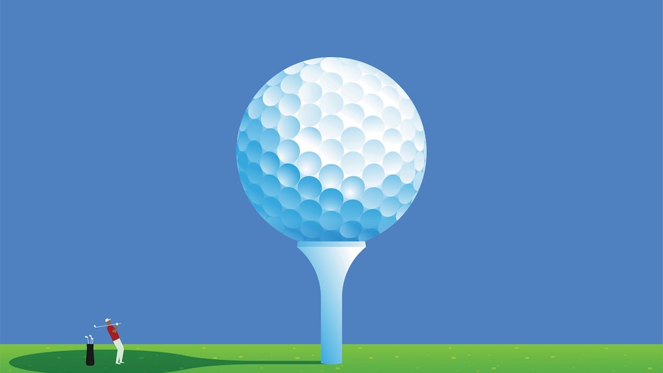 Tiny golfer looking at the giant ball illustration