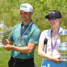 Kipp Popert and Bailey Bish smile for photos while holding their trophies during the final round of the 2024 U.S. Adaptive Open at Sand Creek Station in Newton, Kan. on Wednesday, July 10, 2024. (Kathryn Riley/USGA)