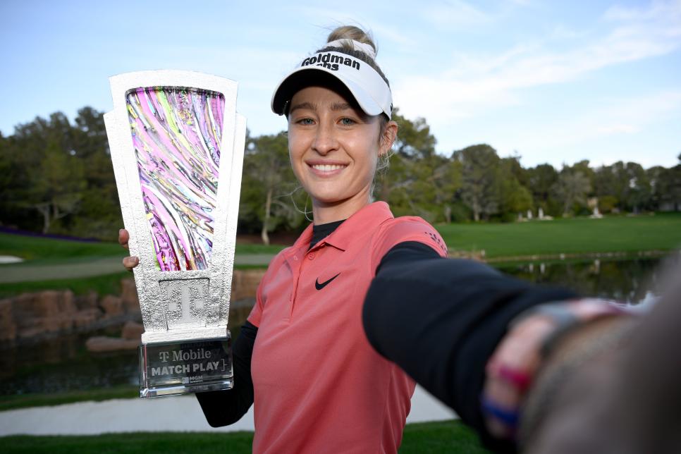 LAS VEGAS, NEVADA - APRIL 07: Nelly Korda of the United States imitates a â  selfieâ   as she poses with the trophy on day five of the T-Mobile Match Play presented by MGM Rewards at Shadow Creek at Shadow Creek Golf Course on April 07, 2024 in Las Vegas, Nevada. (Photo by Orlando Ramirez/Getty Images)